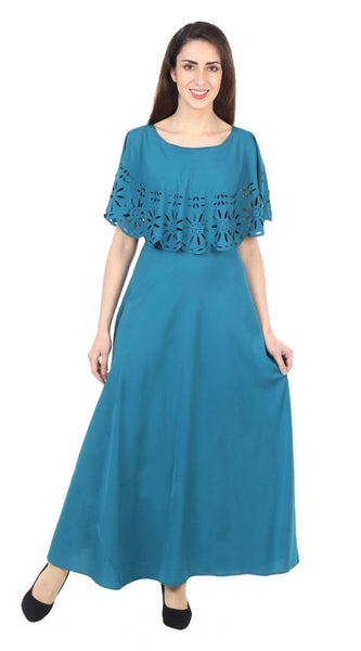 Mayawye Women's Crepe Solid Sleeveless Full Length Gown(Light Blue)