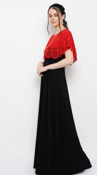 Mayawye Women's Crepe Solid Sleeveless Full Length Gown(Red Black)