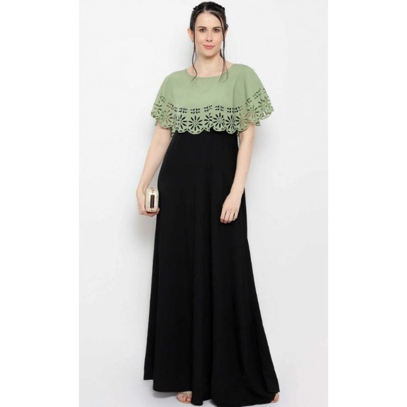 Mayawye Women's Crepe Solid Sleeveless Full Length Gown(Green Black)