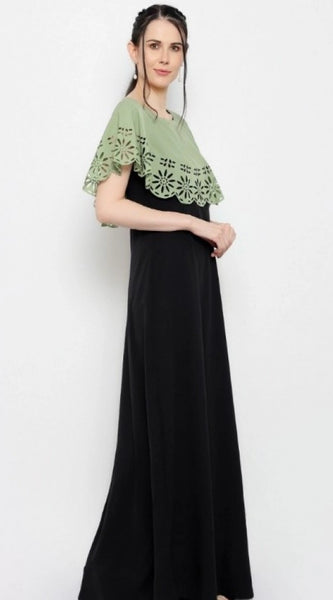 Mayawye Women's Crepe Solid Sleeveless Full Length Gown(Green Black)