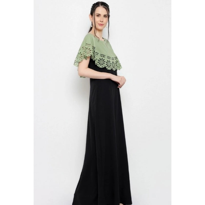 Mayawye Women's Crepe Solid Sleeveless Full Length Gown(Green Black)