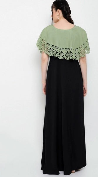 Mayawye Women's Crepe Solid Sleeveless Full Length Gown(Green Black)