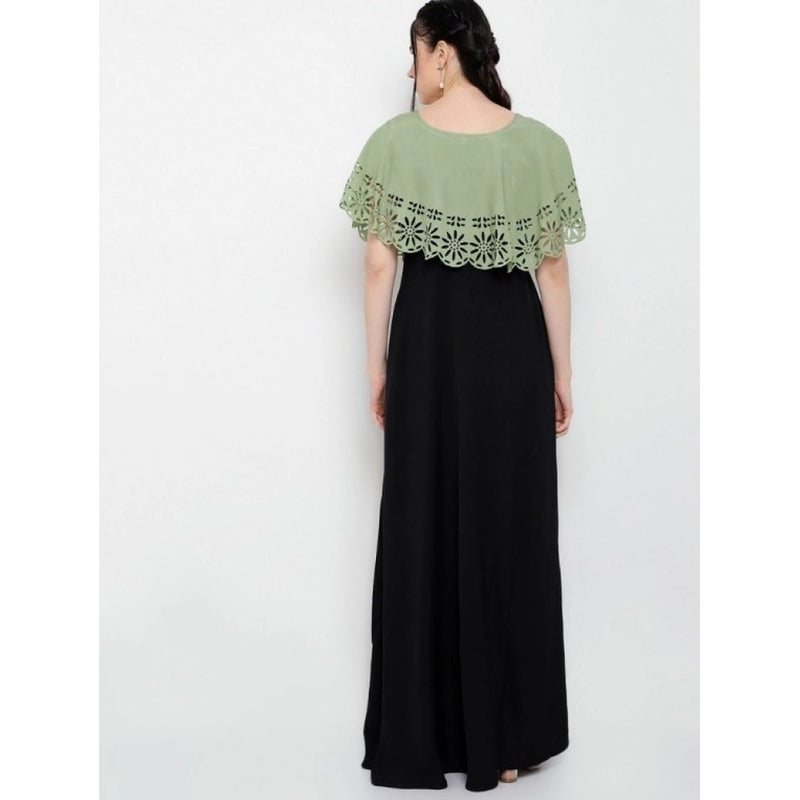 Mayawye Women's Crepe Solid Sleeveless Full Length Gown(Green Black)