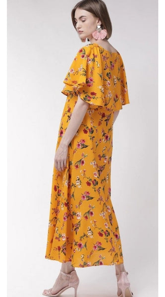Mayawye Women's Crepe Floral Half Sleeves Full Length Gown(Yellow)