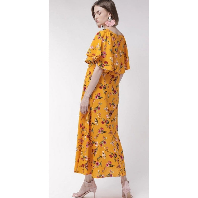 Mayawye Women's Crepe Floral Half Sleeves Full Length Gown(Yellow)