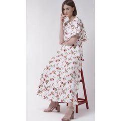 Mayawye Women's Crepe Floral Half Sleeves Full Length Gown(White)