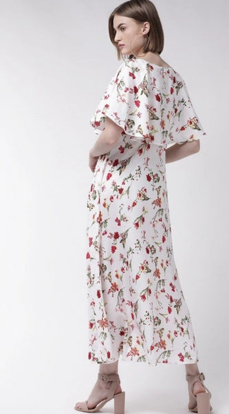 Mayawye Women's Crepe Floral Half Sleeves Full Length Gown(White)