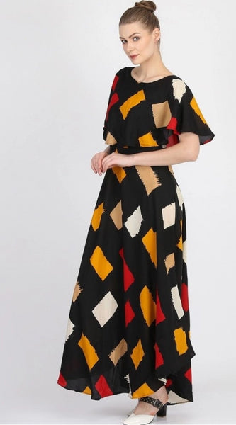 Mayawye Women's Crepe Printed Half Sleeves Full Length Gown(Multi)