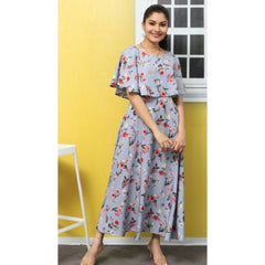 Mayawye Women's Crepe Floral Half Sleeves Full Length Gown(Light Grey)