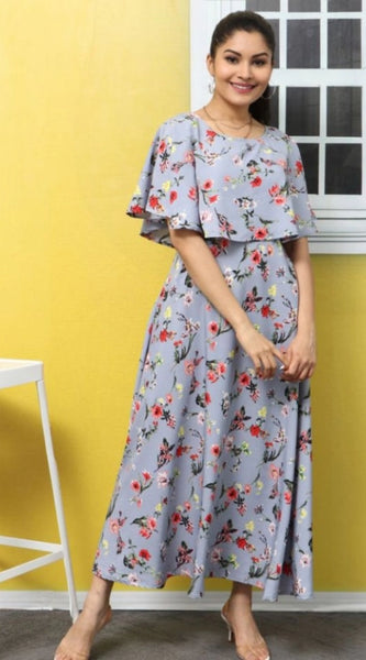 Mayawye Women's Crepe Floral Half Sleeves Full Length Gown(Light Grey)