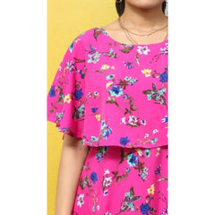Mayawye Women's Crepe Floral Half Sleeves Full Length Gown(Pink)