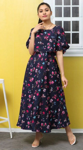 Mayawye Women's Crepe Floral Half Sleeves Full Length Gown(Dark Blue)