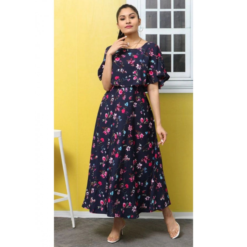 Mayawye Women's Crepe Floral Half Sleeves Full Length Gown(Dark Blue)