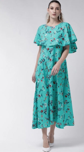 Mayawye Women's Crepe Floral Half Sleeves Full Length Gown(Turquoise)