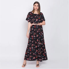 Mayawye Women's Crepe Floral Half Sleeves Full Length Gown(Black)