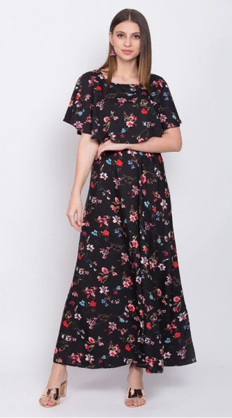 Mayawye Women's Crepe Floral Half Sleeves Full Length Gown(Black)
