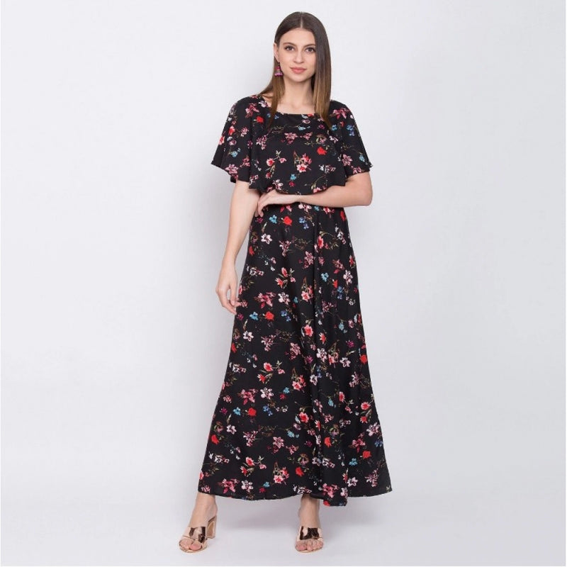 Mayawye Women's Crepe Floral Half Sleeves Full Length Gown(Black)