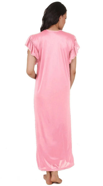 Women's Satin Long Nighty Frill Sleeve(Color: Baby Pink, Neck Type: V Neck)