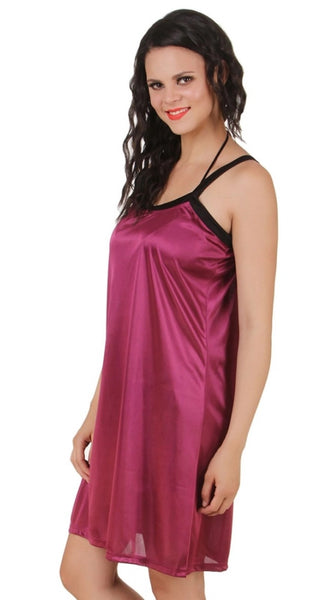 Women's Satin Short Nighty with Sleeve Less(Color: Dark Wine and Black, Neck Type: Square Neck)