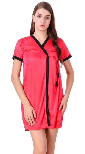 Women's Satin Short Wrap Gown with Half Sleeve(Color: Coral Red and Black, Neck Type: V Neck)