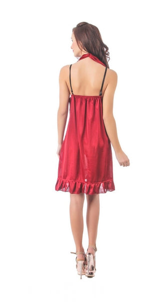 Women's Satin Short Nighty with Sleeve Less(Color: Maroon Black, Neck Type: Halter Neck)