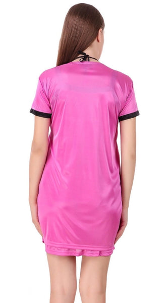 Women's Satin Short Wrap Gown with Half Sleeve(Color: Pink and Black, Neck Type: V Neck)