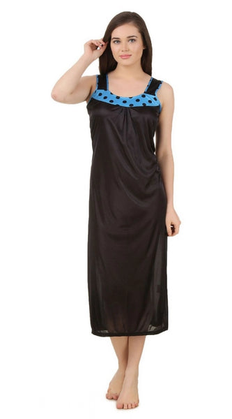 Women's Satin Long Nighty with Sleeve Less(Color: Turquoise and Black, Neck Type: U Neck)