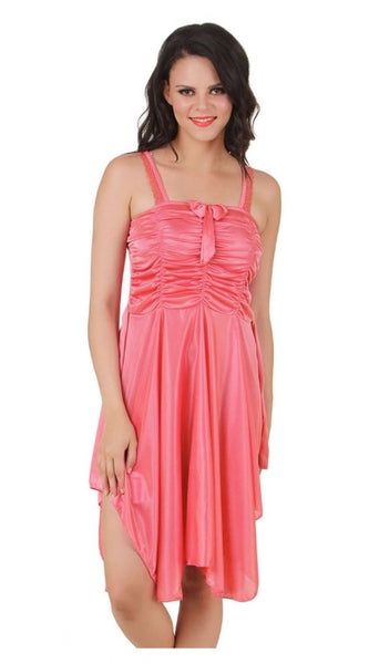Women's Satin Short Nighty with Sleeve Less(Color: Coral Pink, Neck Type: Square Neck)