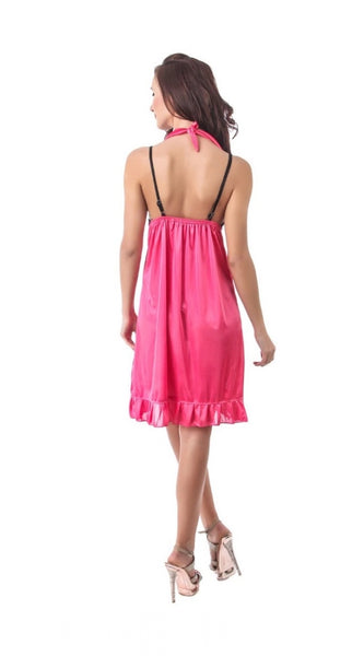Women's Satin Short Nighty with Sleeve Less(Color: Pink Black, Neck Type: Halter Neck)