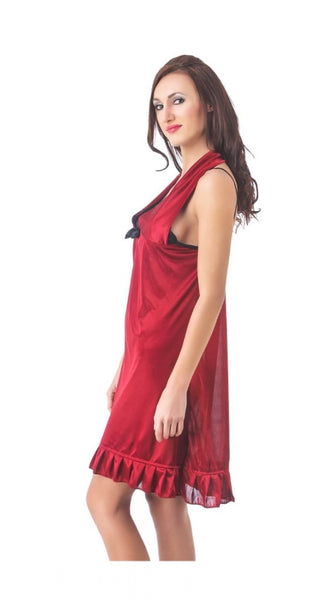 Women's Satin Short Nighty with Sleeve Less(Color: Maroon Black, Neck Type: Halter Neck)