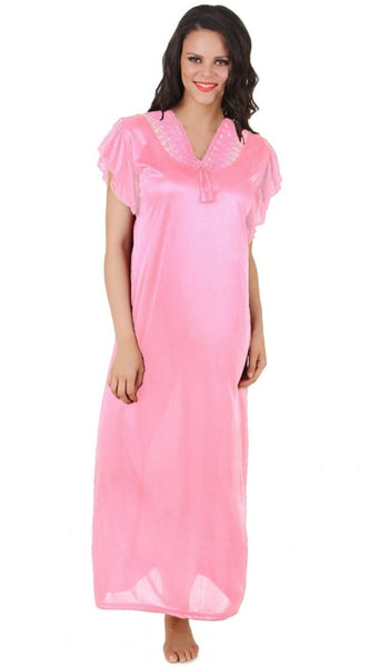Women's Satin Long Nighty Frill Sleeve(Color: Baby Pink, Neck Type: V Neck)