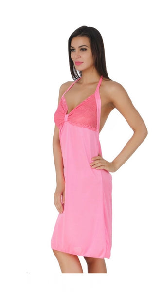 Women's Satin Short Nighty with Sleeve Less(Color: Pink, Neck Type: Halter Neck)