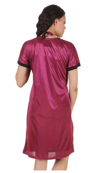 Women's Satin Short Wrap Gown with Half Sleeve(Color: Dark Wine and Black, Neck Type: V Neck)