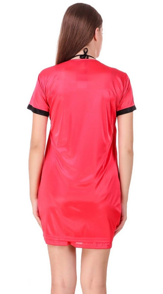 Women's Satin Short Wrap Gown with Half Sleeve(Color: Coral Red and Black, Neck Type: V Neck)