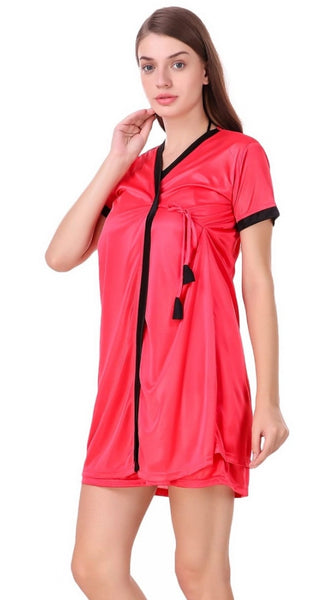 Women's Satin Short Wrap Gown with Half Sleeve(Color: Coral Red and Black, Neck Type: V Neck)