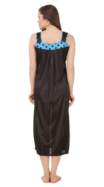 Women's Satin Long Nighty with Sleeve Less(Color: Turquoise and Black, Neck Type: U Neck)