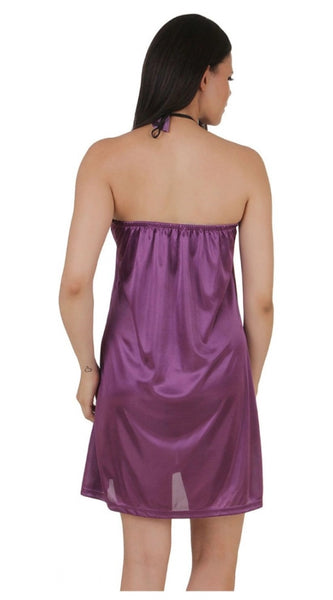 Women's Satin Short Nighty with Sleeve Less(Color: Purple, Neck Type: Halter Neck)