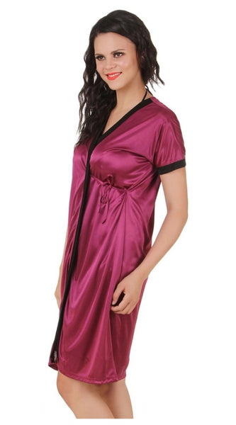 Women's Satin Short Wrap Gown with Half Sleeve(Color: Dark Wine and Black, Neck Type: V Neck)