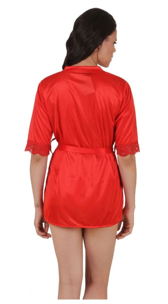 Women's Satin Babydoll Robe with Thong with Half Sleeve(Color: Red, Neck Type: V Neck)