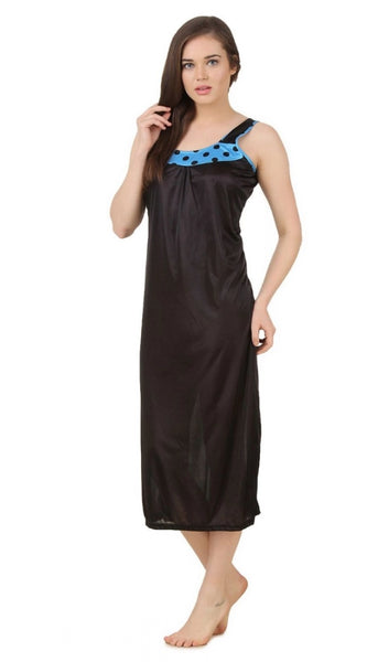 Women's Satin Long Nighty with Sleeve Less(Color: Turquoise and Black, Neck Type: U Neck)