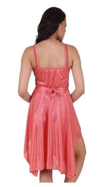 Women's Satin Short Nighty with Sleeve Less(Color: Coral Pink, Neck Type: Square Neck)