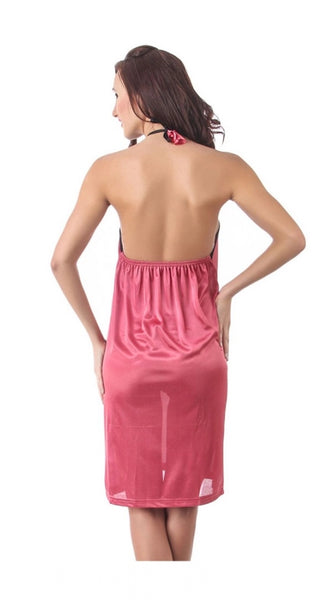 Women's Satin Short Nighty with Sleeve Less(Color: Coral Pink, Neck Type: Halter Neck)