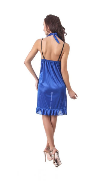 Women's Satin Short Nighty with Sleeve Less(Color: Royal Blue Black, Neck Type: Halter Neck)