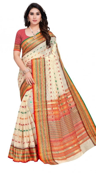 Mayawye Women's Kota Doria Cotton Woven Butta Saree With Blouse (Cream, 5-6 Mtrs)