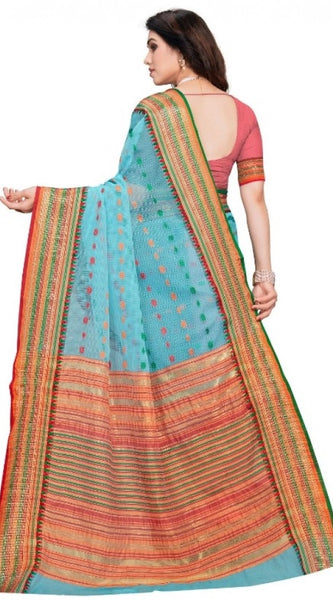 Mayawye Women's Kota Doria Cotton Woven Butta Saree With Blouse (Sky Blue, 5-6 Mtrs)