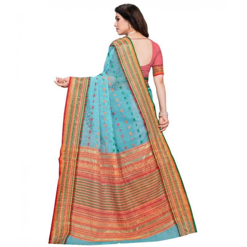 Mayawye Women's Kota Doria Cotton Woven Butta Saree With Blouse (Sky Blue, 5-6 Mtrs)
