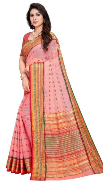 Mayawye Women's Kota Doria Cotton Woven Butta Saree With Blouse (Pink, 5-6 Mtrs)