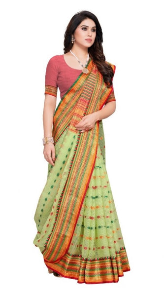 Mayawye Women's Kota Doria Cotton Woven Butta Saree With Blouse (Light Green, 5-6 Mtrs)