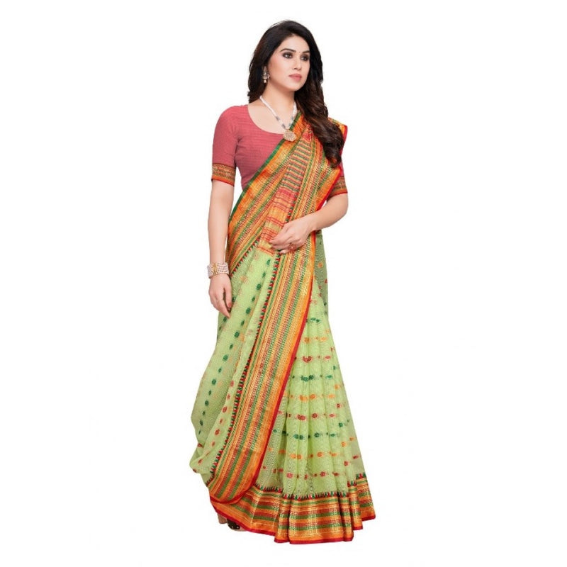 Mayawye Women's Kota Doria Cotton Woven Butta Saree With Blouse (Light Green, 5-6 Mtrs)