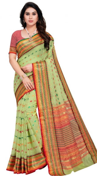 Mayawye Women's Kota Doria Cotton Woven Butta Saree With Blouse (Light Green, 5-6 Mtrs)
